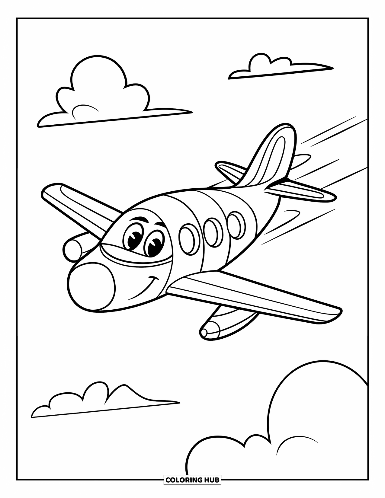 Kolorowanka z samolotem dla dzieci: Uśmiechnięty odrzutowiec z dużymi oknami pędzi po niebie z puszystymi chmurami wokół