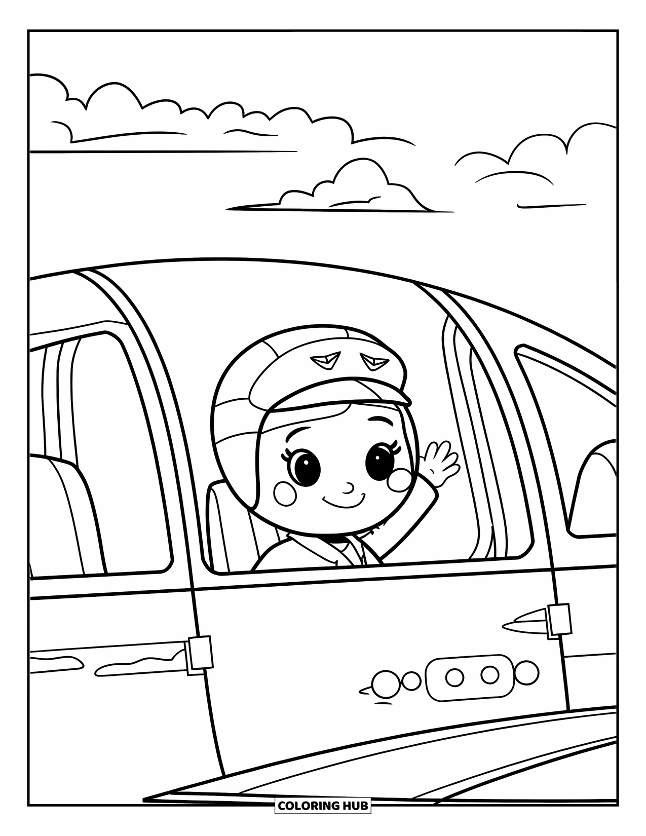 Kolorowanka z samolotem dla dzieci: Uśmiechnięty pilot macha z kokpitu, gdy chmury unoszą się na niebie