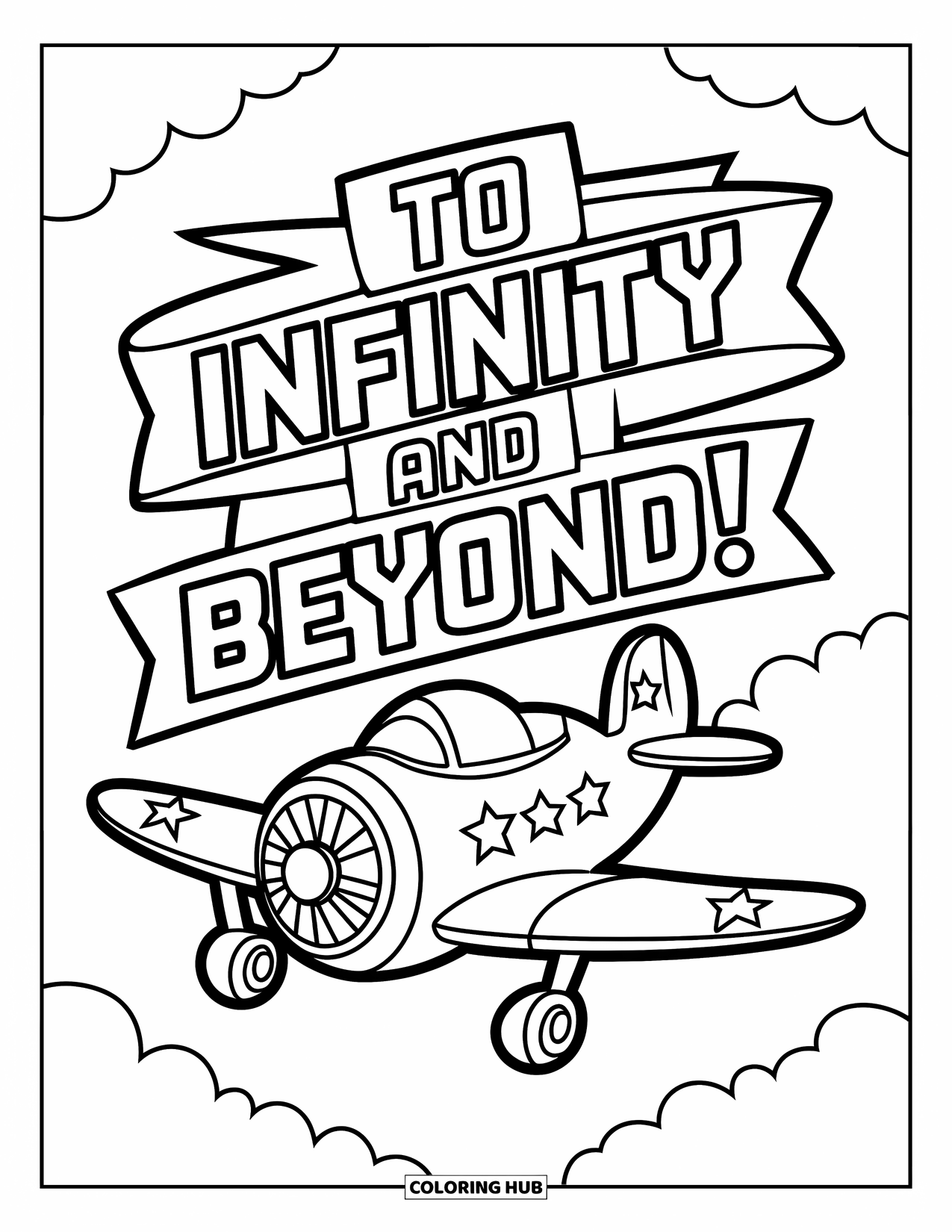 Kolorowanka z samolotem dla dzieci: Samolot ze skrzydłami w gwiazdy leci z banerem „W nieskończoność i dalej!” za sobą