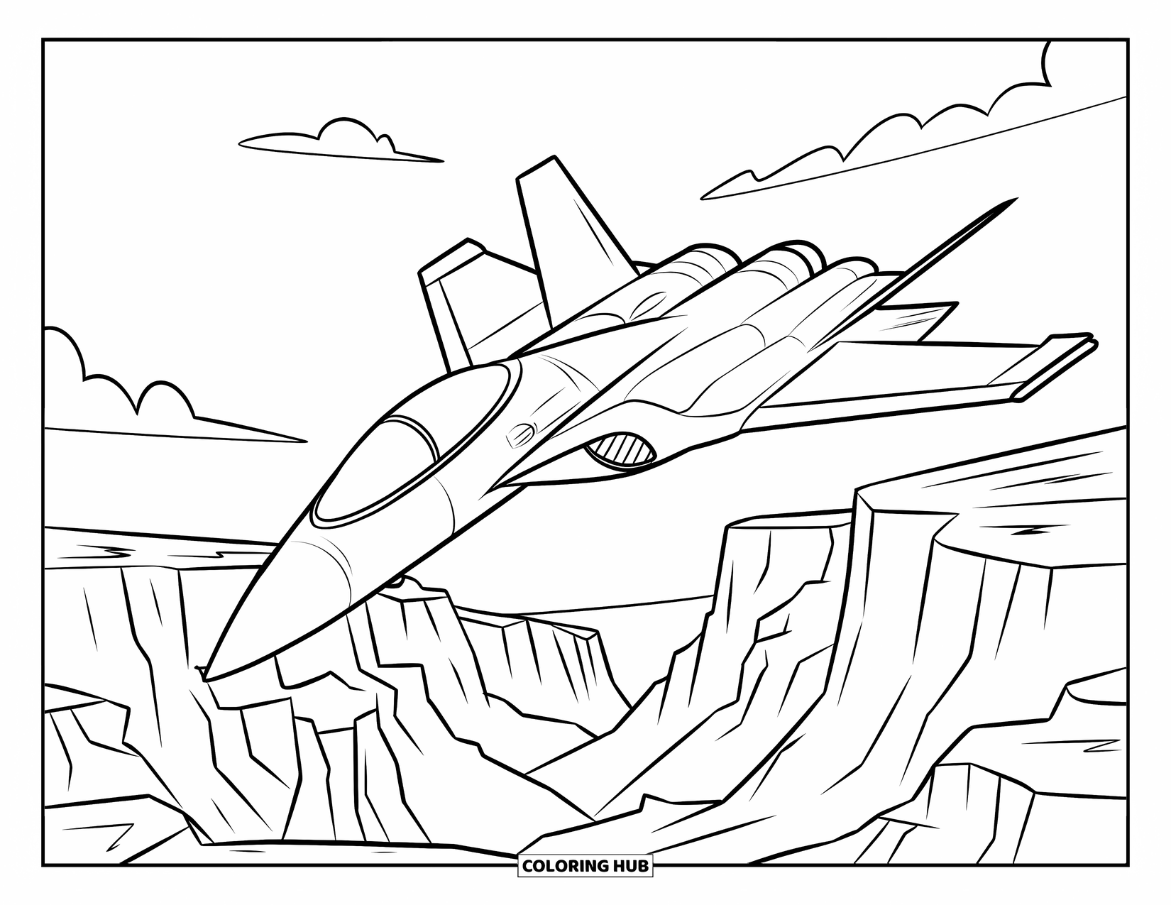Kolorowanka z samolotem dla dzieci: Niewidzialny odrzutowiec z dużymi oknami leci nad poszarpanymi klifami i spokojnym, pochmurnym niebem