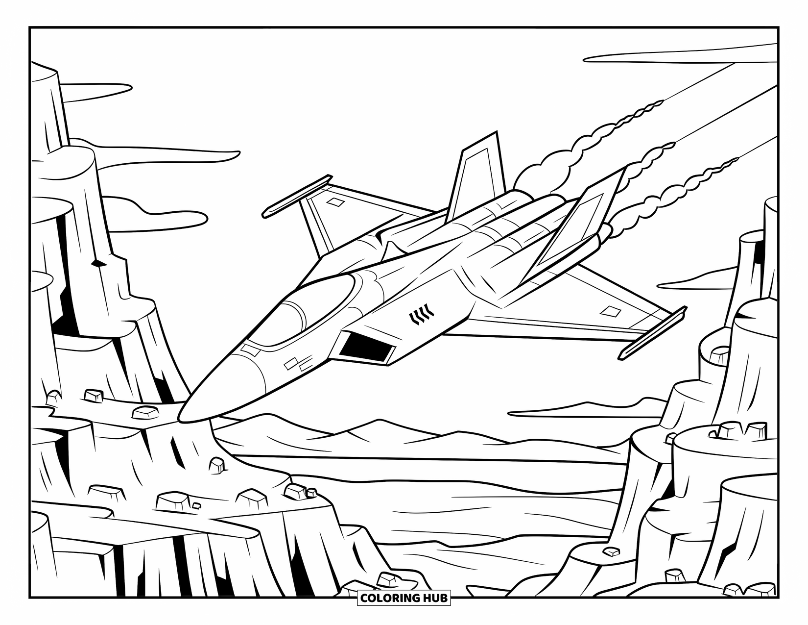 Kolorowanka z samolotem dla dzieci: Niewidzialny odrzutowiec leci nisko nad skalistym kanionem ze stromymi klifami i dymem ciągnącym się za nim