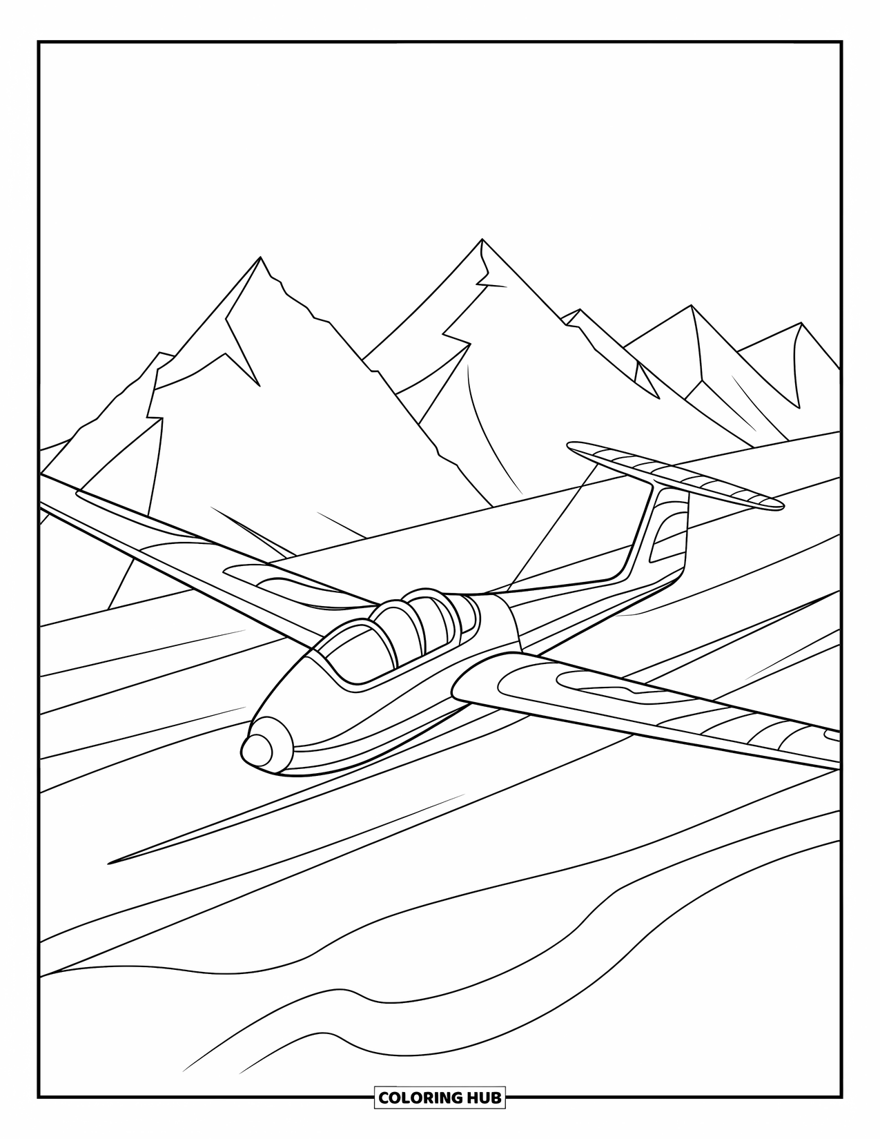 Kolorowanka z samolotem dla dzieci: Pasiasty szybowiec o okrągłym kształcie leci nad ostrymi szczytami gór i otwartym niebem