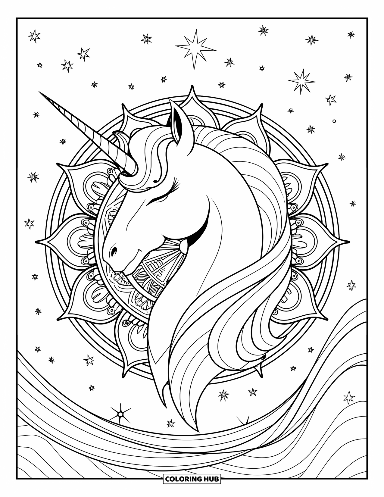 Desen de colorat cu alicorn pentru adulți: Un alicorn calm stă sub stele, luni și un cer mandala spiralat