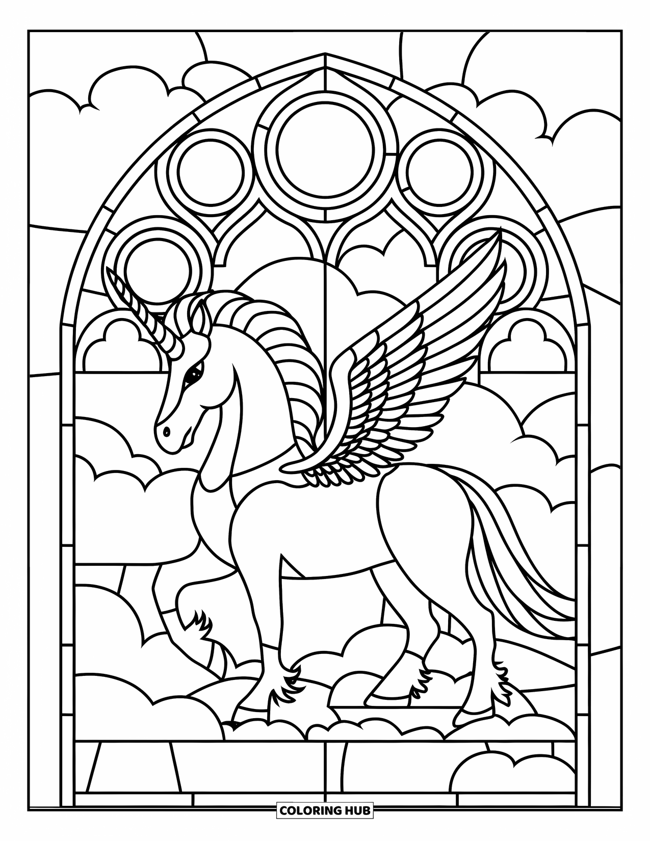 Desen de colorat cu alicorn pentru adulți: Un alicorn cu corp de grifon stă pe un nor, încadrat de arce gotice