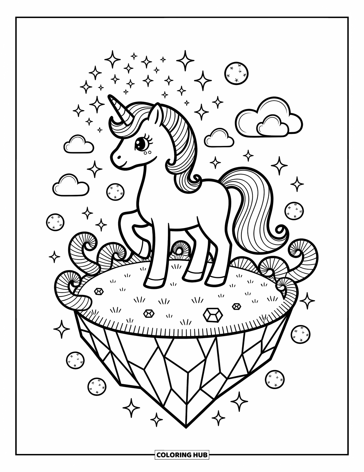 Desen de colorat cu alicorn pentru adulți: Un alicorn magic sclipitoare pe o insulă de pietre prețioase cu vârtejuri de vis