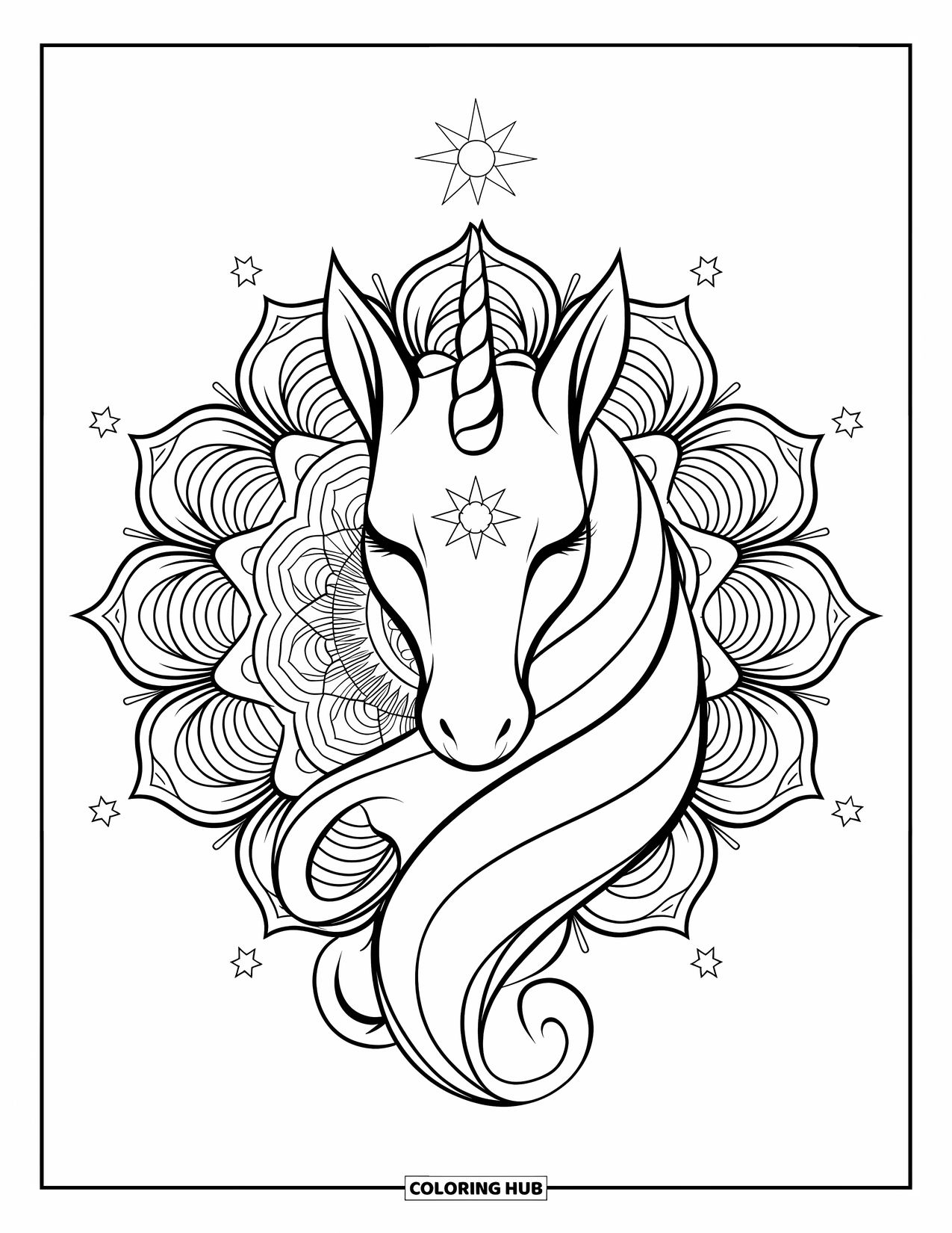 Desen de colorat cu alicorn pentru adulți: Un alicorn pașnic strălucește cu un simbol de stea și modele mandala spiralate