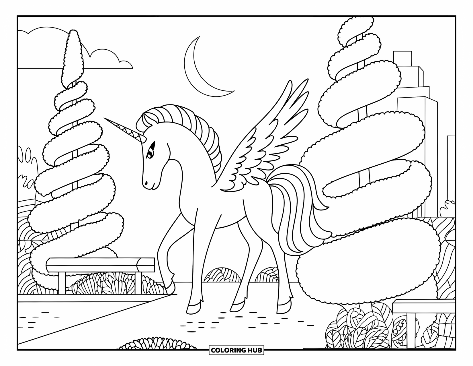 Desen de colorat cu alicorn pentru adulți: Un alicorn pașnic merge pe o potecă de grădină lângă copaci și bănci spiralate