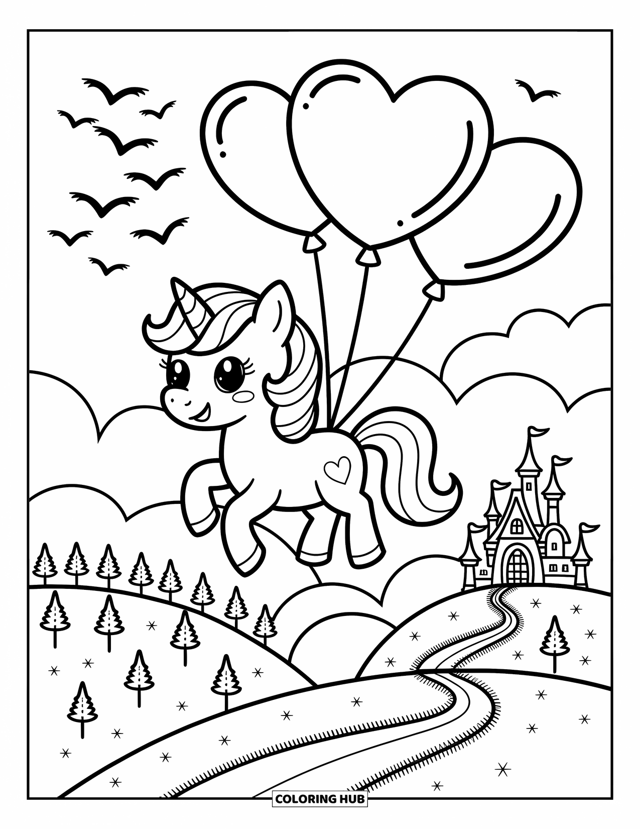 Desen de colorat cu alicorn pentru adulți: Un alicorn zâmbitor plutește cu baloane în formă de inimă peste dealuri și un castel îndepărtat