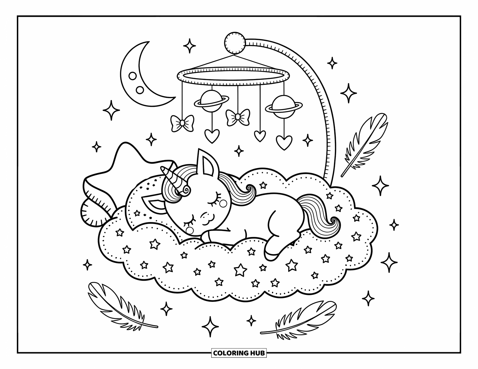 Desen de colorat cu alicorn pentru adulți: Un alicorn micuț trage un pui de somn într-un pătuț plin de stele, înconjurat de sclipici și pene moi