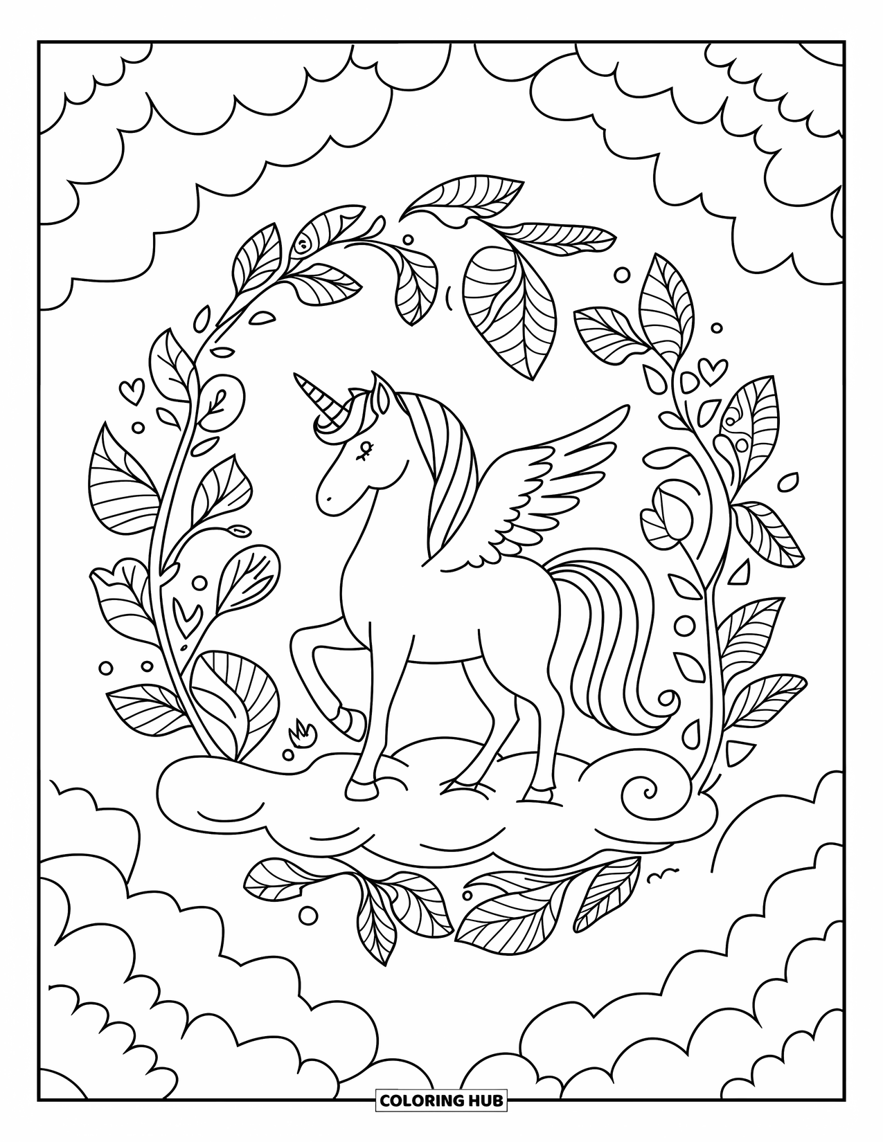 Desen de colorat cu alicorn pentru adulți: Un unicorn stă pe un nor înfășurat în liane și frunze ondulate