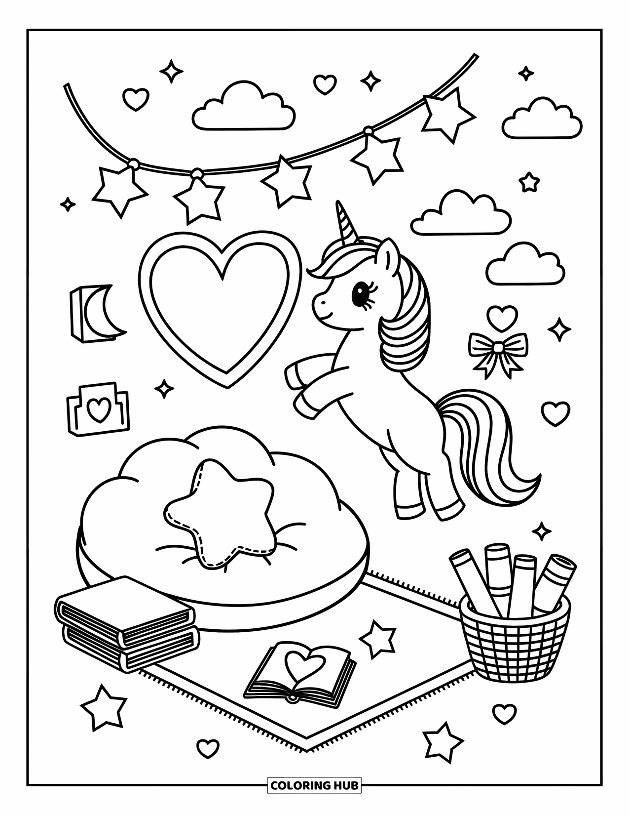 Desen de colorat cu alicorn pentru adulți: Un alicorn își decorează camera de pe nor cu luminițe și cărți