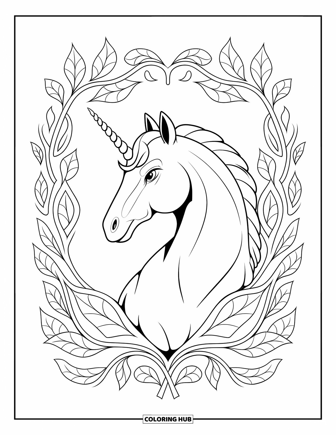 Desen de colorat cu alicorn pentru adulți: Un alicorn este încadrat de liane și frunze răsucite pe un fundal alb