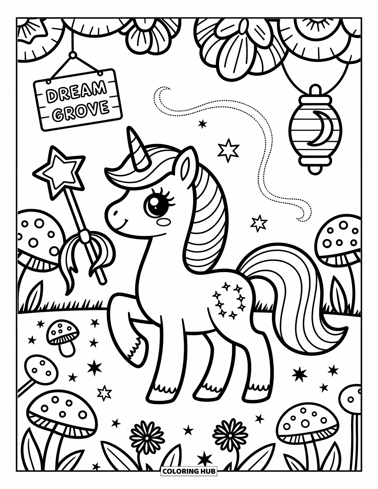 Desen de colorat cu alicorn pentru adulți: Un alicorn stă într-o poiană confortabilă cu o baghetă strălucitoare și un felinar plutitor