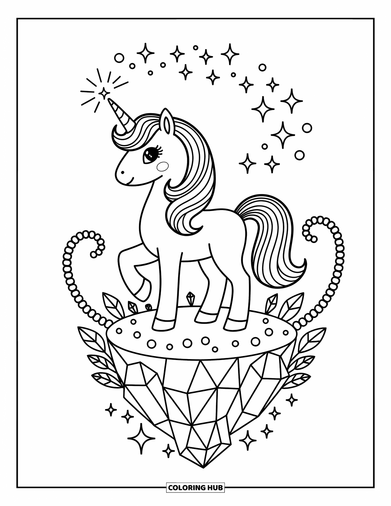 Desen de colorat cu alicorn pentru adulți: Un alicorn stă pe o insulă de cristal plutitoare înconjurat de sclipiri magice