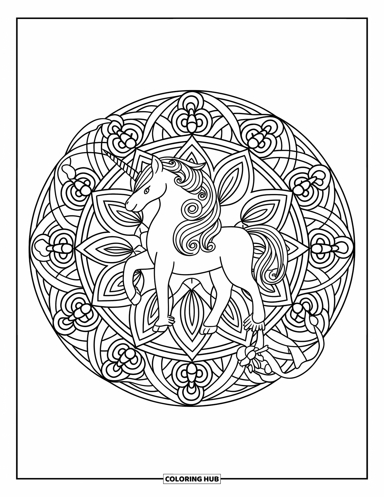 Desen de colorat cu alicorn pentru adulți: Un alicorn cu corp de leu se odihnește într-o mandala circulară