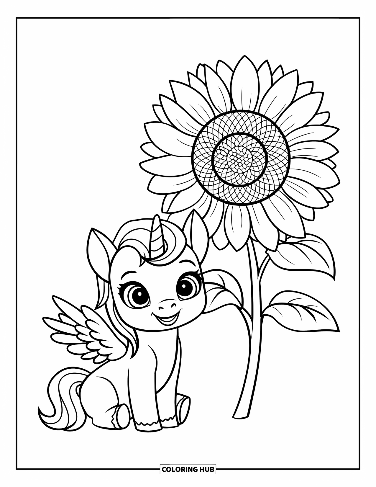 Desen de colorat cu alicorn pentru copii: Un pui de alicorn stă lângă un floarea-soarelui mare și vesel