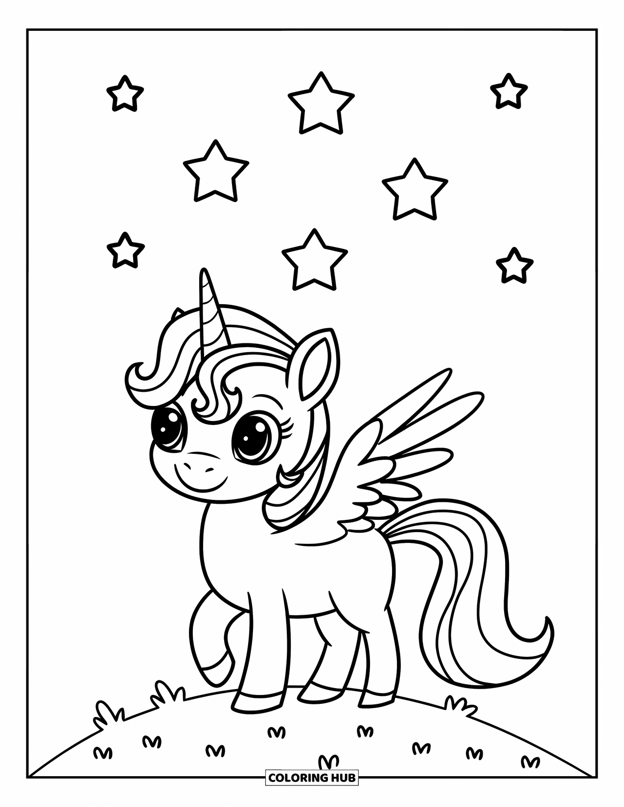 Desen de colorat cu alicorn pentru copii: Un alicorn vesel stă pe un deal sub un cer senin, înstelat