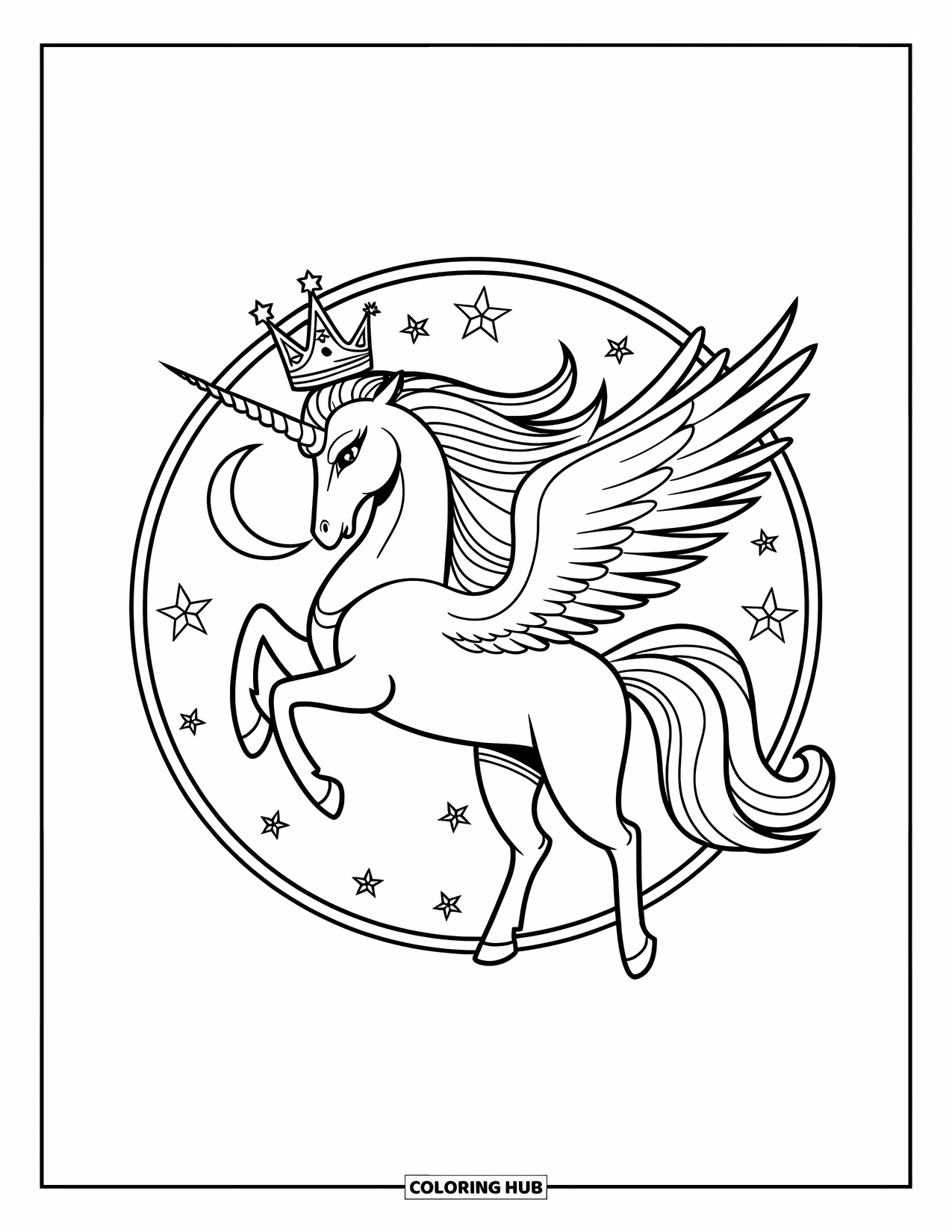 Desen de colorat cu alicorn pentru copii: Un alicorn încoronat stă în interiorul unui cerc magic cu stele și o lună