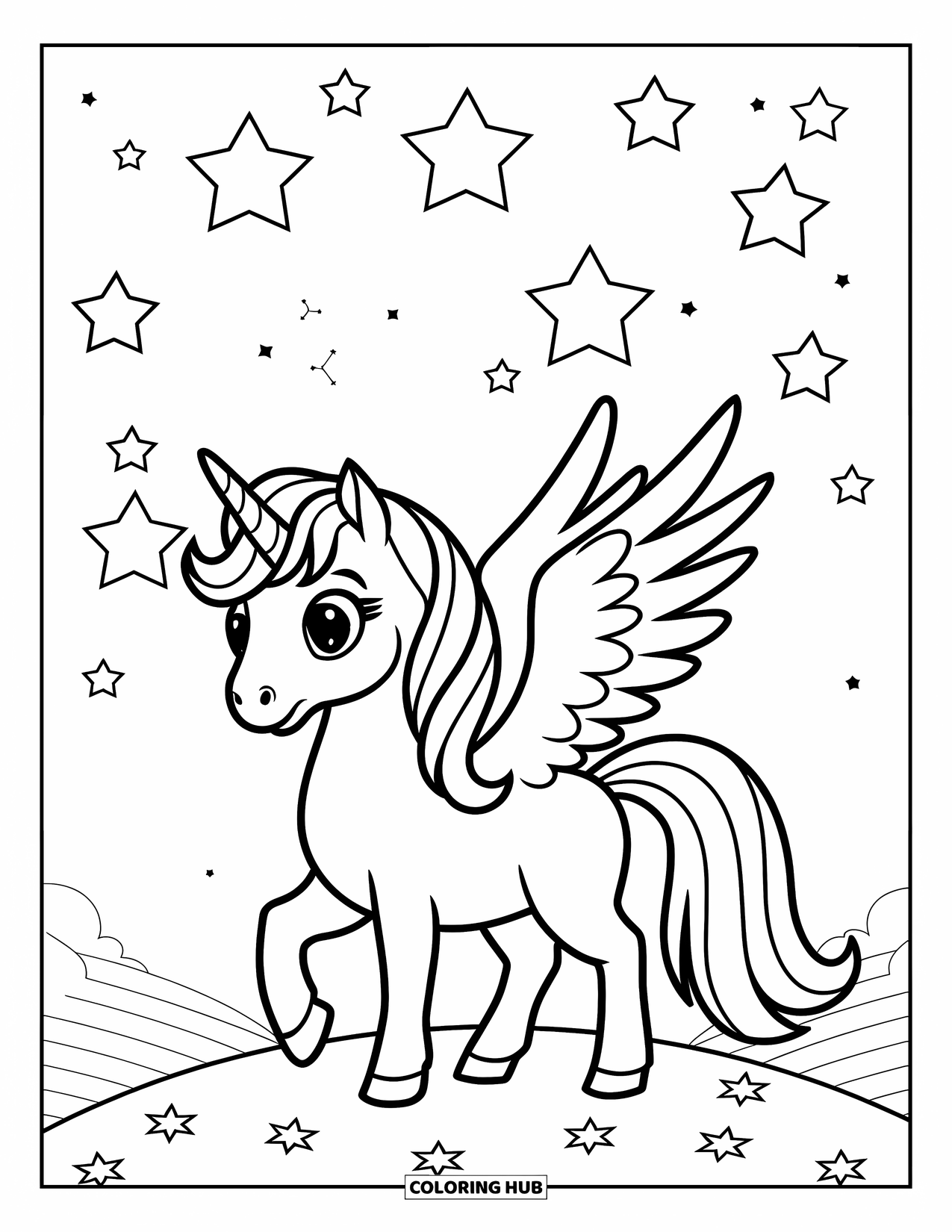 Desen de colorat cu alicorn pentru copii: Un alicorn drăguț stă pe un deal sub stele strălucitoare