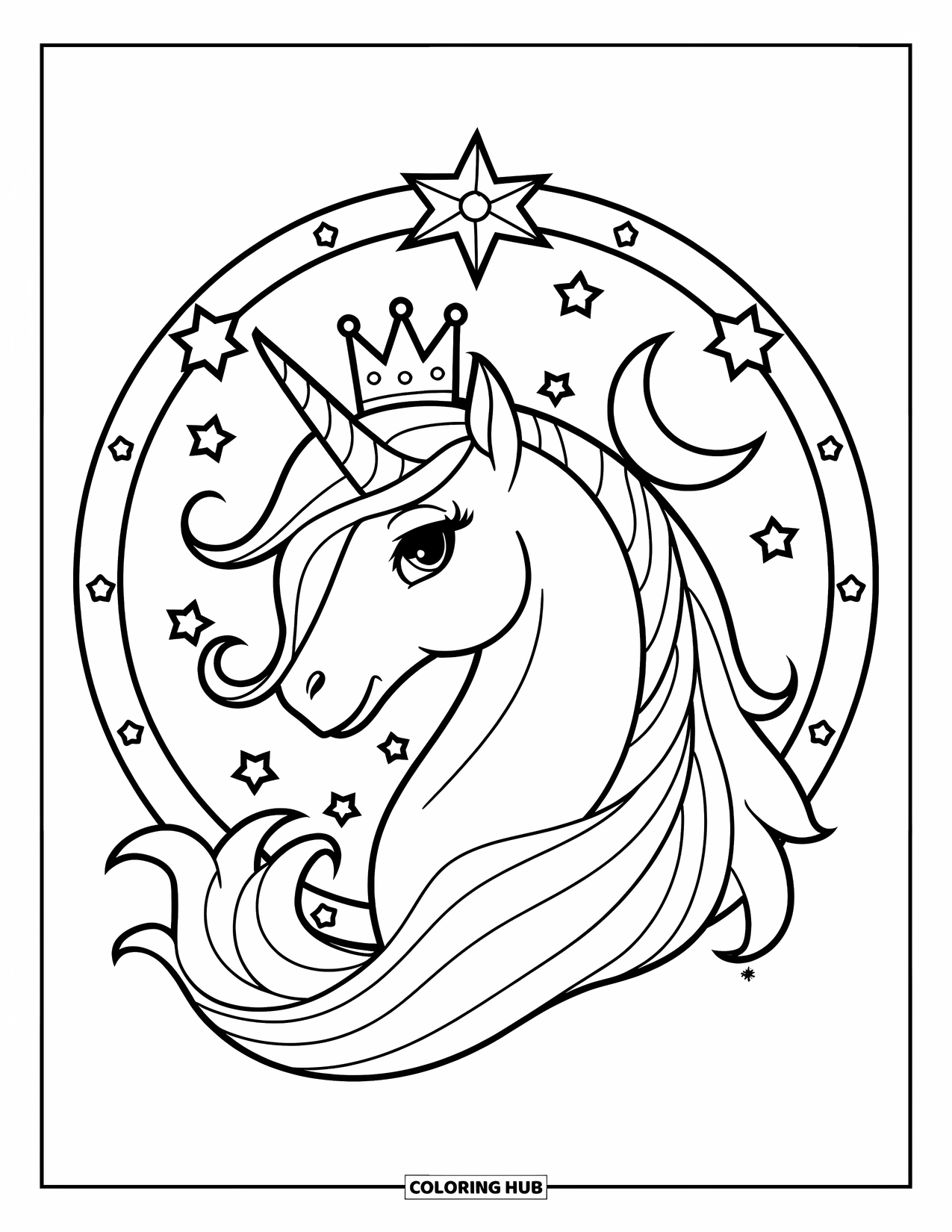 Desen de colorat cu alicorn pentru copii: Un alicorn drăguț, încoronat, stă într-un cerc magic plin de stele