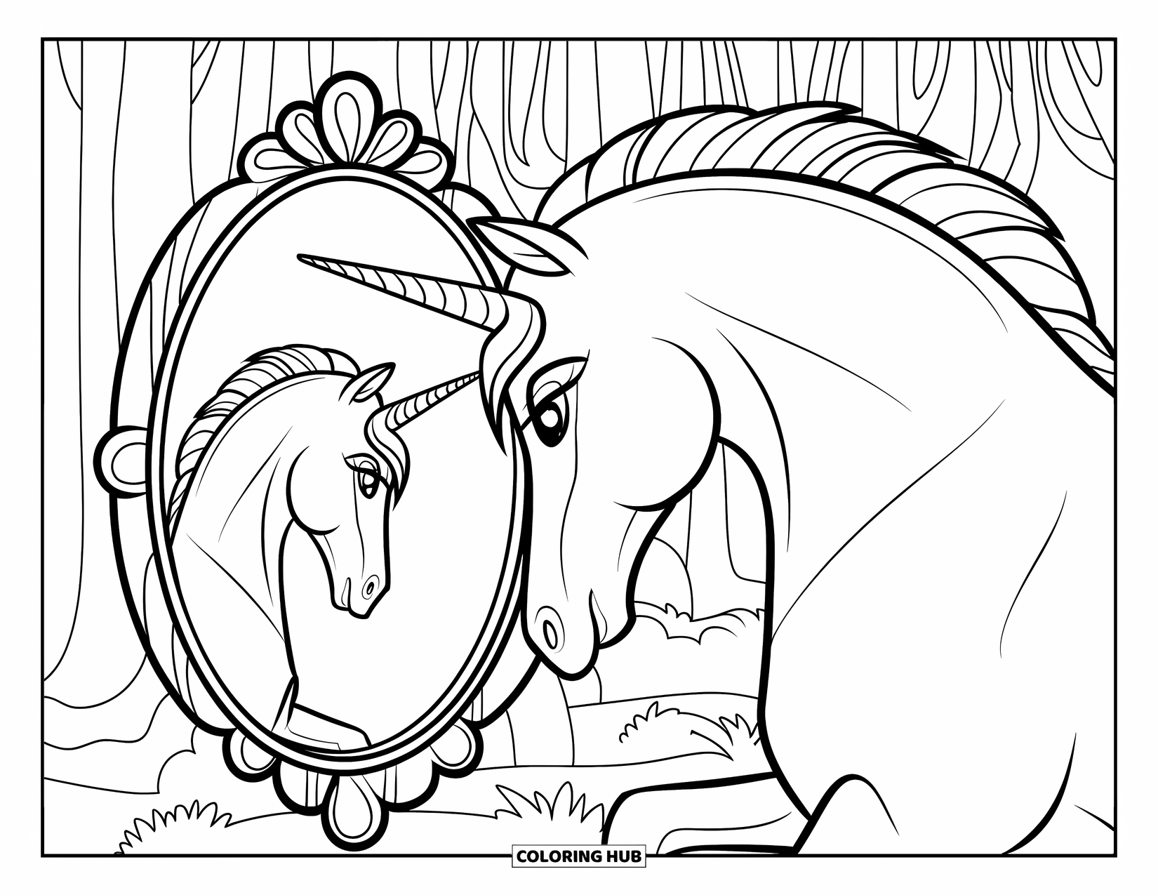 Desen de colorat cu alicorn pentru copii: Un alicorn grațios se uită într-o oglindă magică adânc în pădure