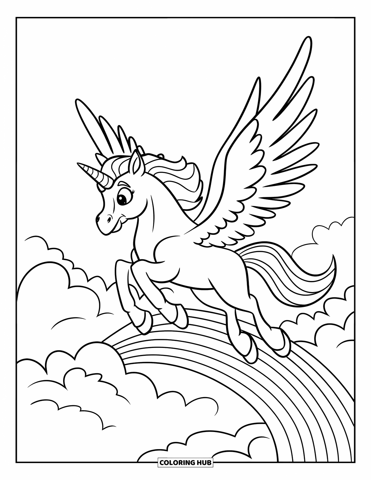 Desen de colorat cu alicorn pentru copii: Un alicorn fericit zboară peste un deal curcubeu și nori pufoși