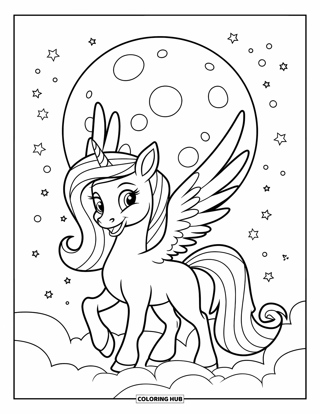 Desen de colorat cu alicorn pentru copii: Un alicorn mic zâmbește pe un nor sub cerul nopții