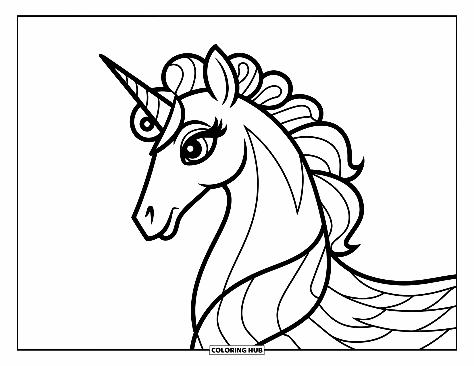 Desen de colorat cu alicorn pentru copii: Un alicorn zâmbitor cu ochi mari și coamă creță așteaptă să fie colorat