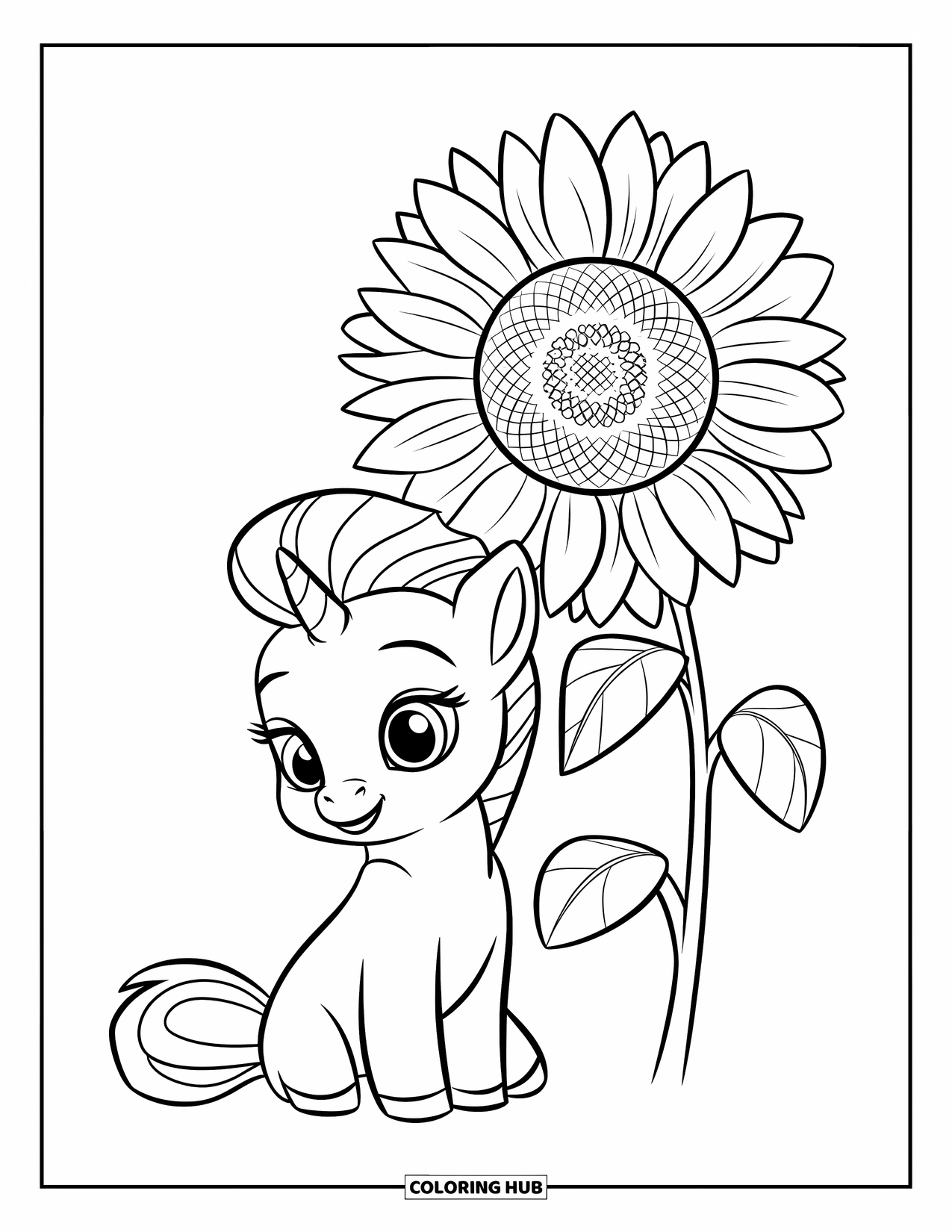 Desen de colorat cu alicorn pentru copii: Un pui de alicorn dungat stă fericit lângă un floarea-soarelui
