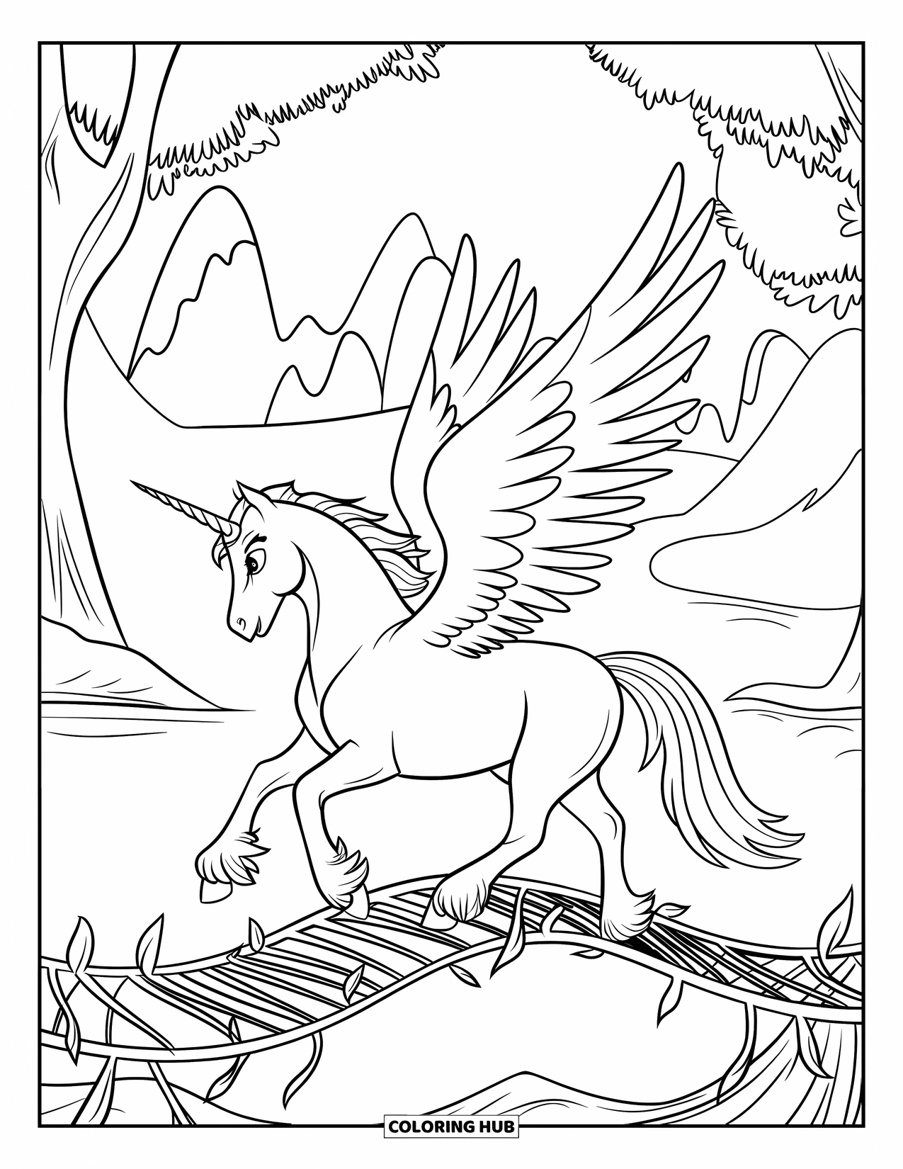 Desen de colorat cu alicorn pentru copii: Un alicorn înaripat traversează un pod de liane peste apă și copaci