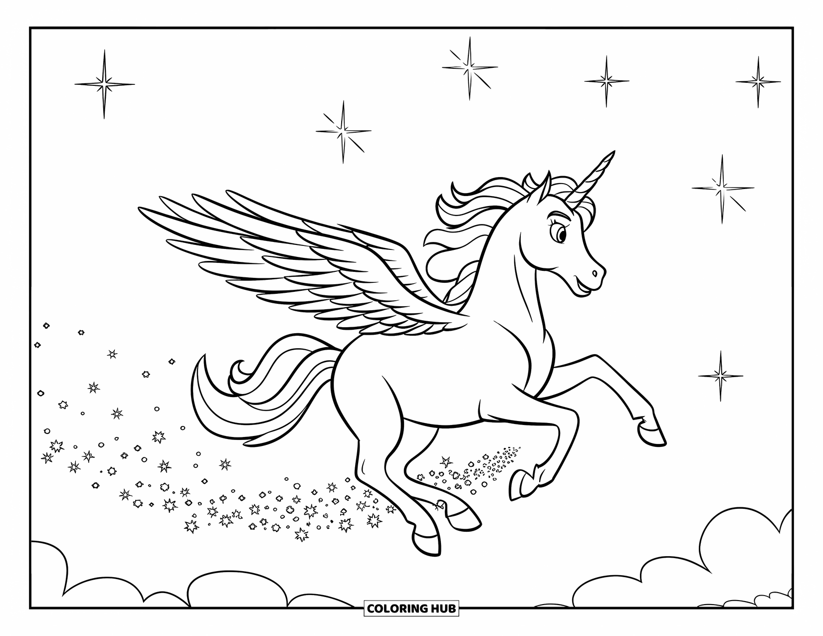 Desen de colorat cu alicorn pentru copii: Un alicorn gonește prin cerul înstelat cu sclipici în urmă