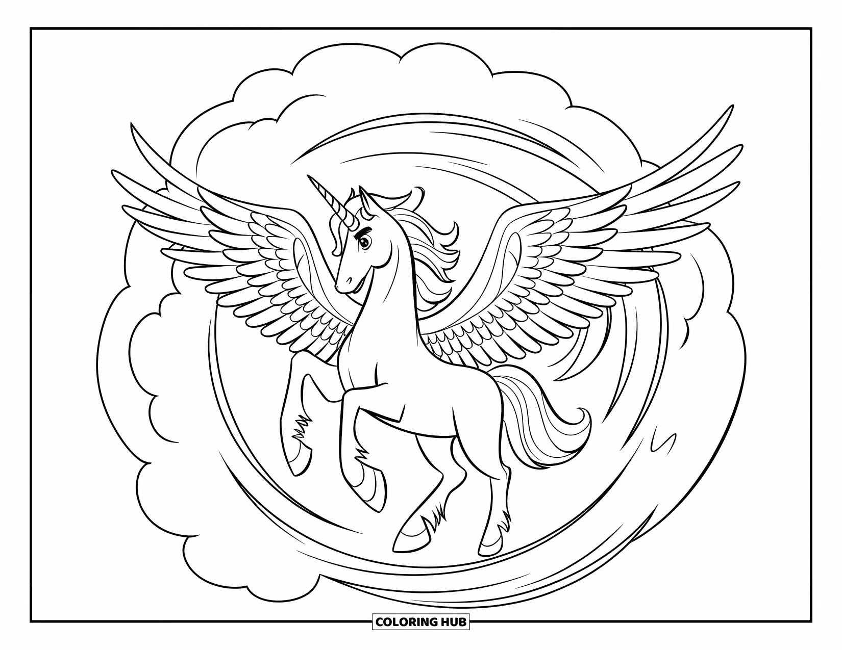 Desen de colorat cu alicorn pentru copii: Un alicorn își flutură aripile înconjurat de vânt spiralat