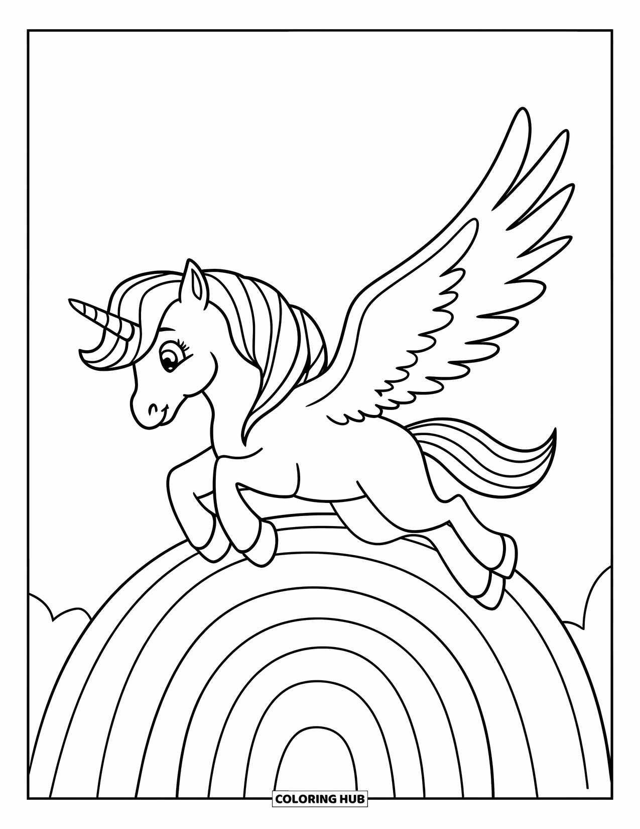 Desen de colorat cu alicorn pentru copii: Un alicorn planează ușor deasupra unui deal arcuit colorat