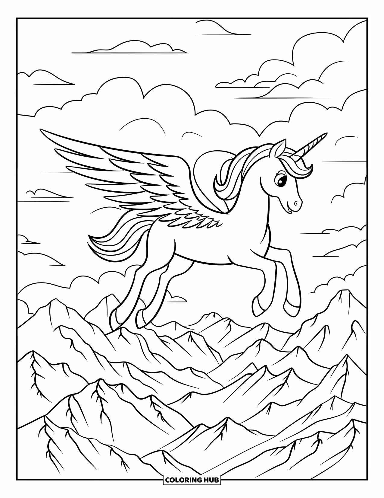 Desen de colorat cu alicorn pentru copii: Un alicorn planează pașnic deasupra munților și norilor