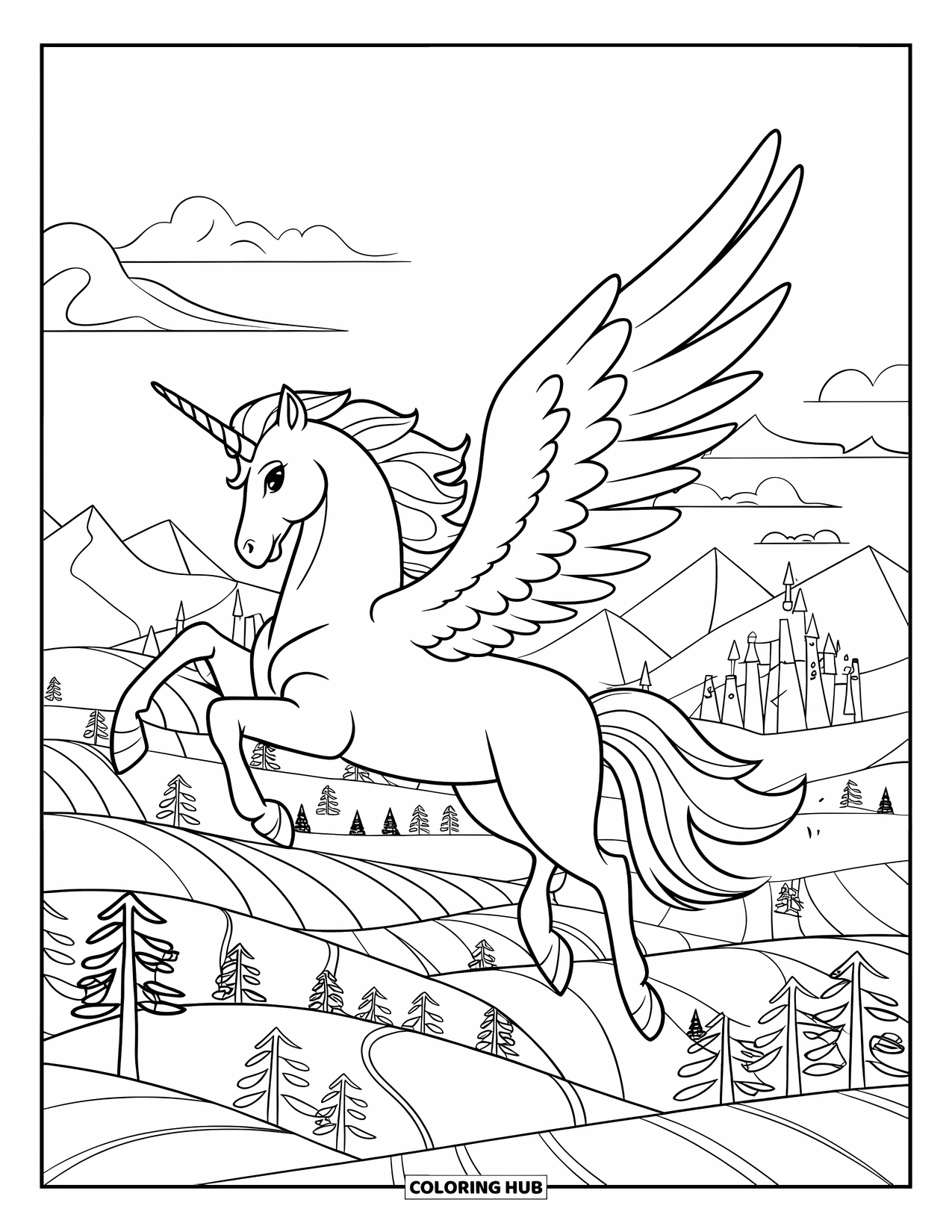 Desen de colorat cu alicorn pentru copii: Un alicorn zboară peste dealuri, copaci și un castel îndepărtat