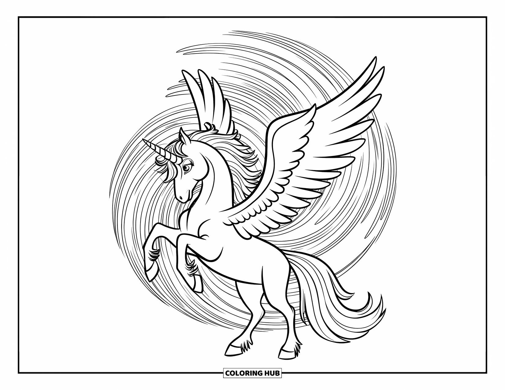 Desen de colorat cu alicorn pentru copii: Un alicorn își întinde aripile în fața unui vortex de vânt rotitor
