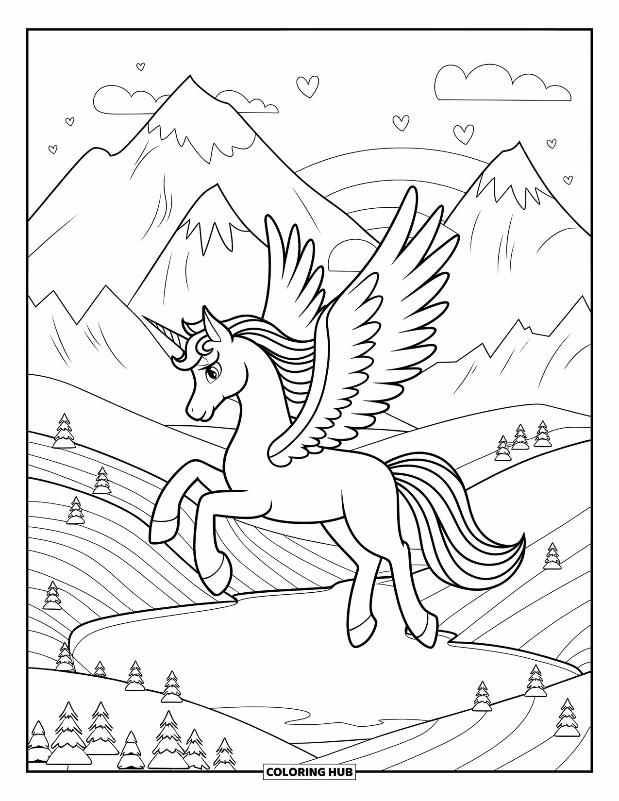 Desen de colorat cu alicorn pentru copii: Un alicorn cu o coroană zboară peste lacuri și munți plini de curcubee