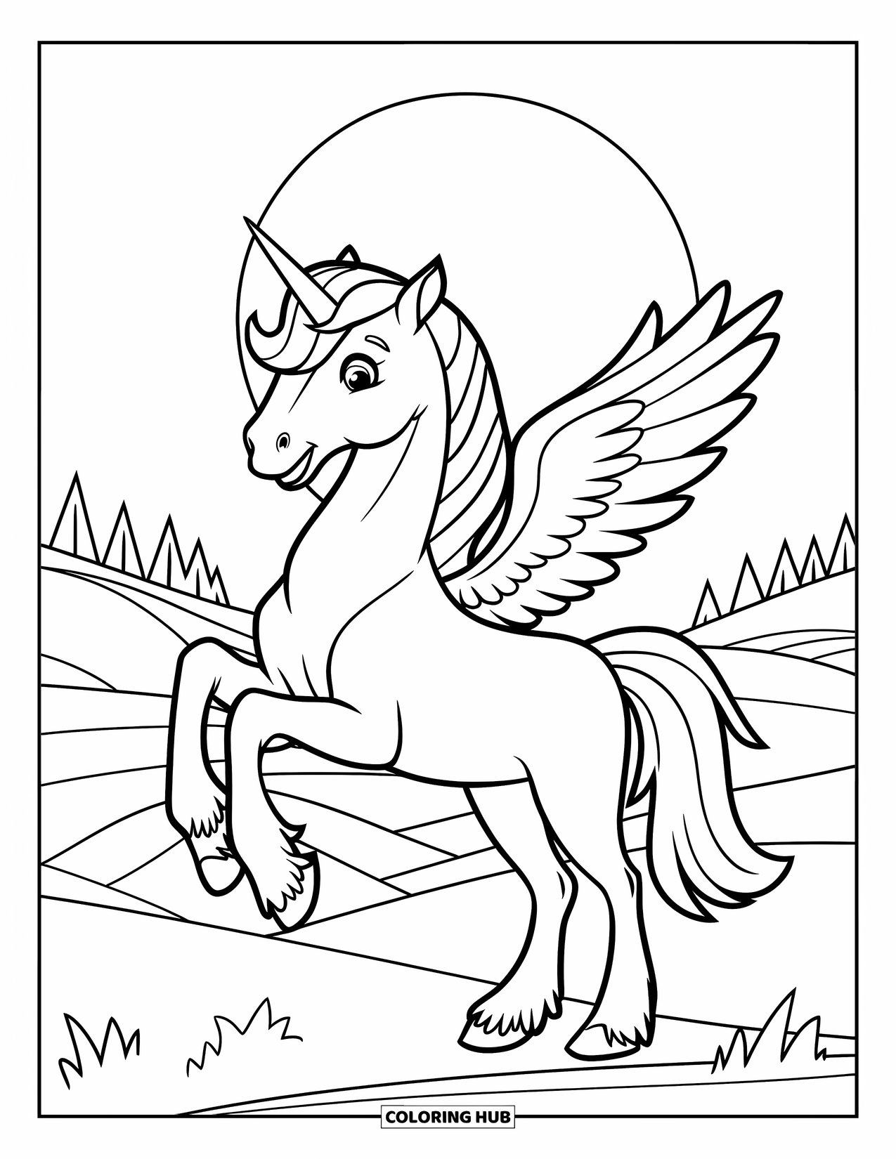 Desen de colorat cu alicorn pentru copii: Un alicorn cu aripi mici zâmbește sub lună lângă copaci