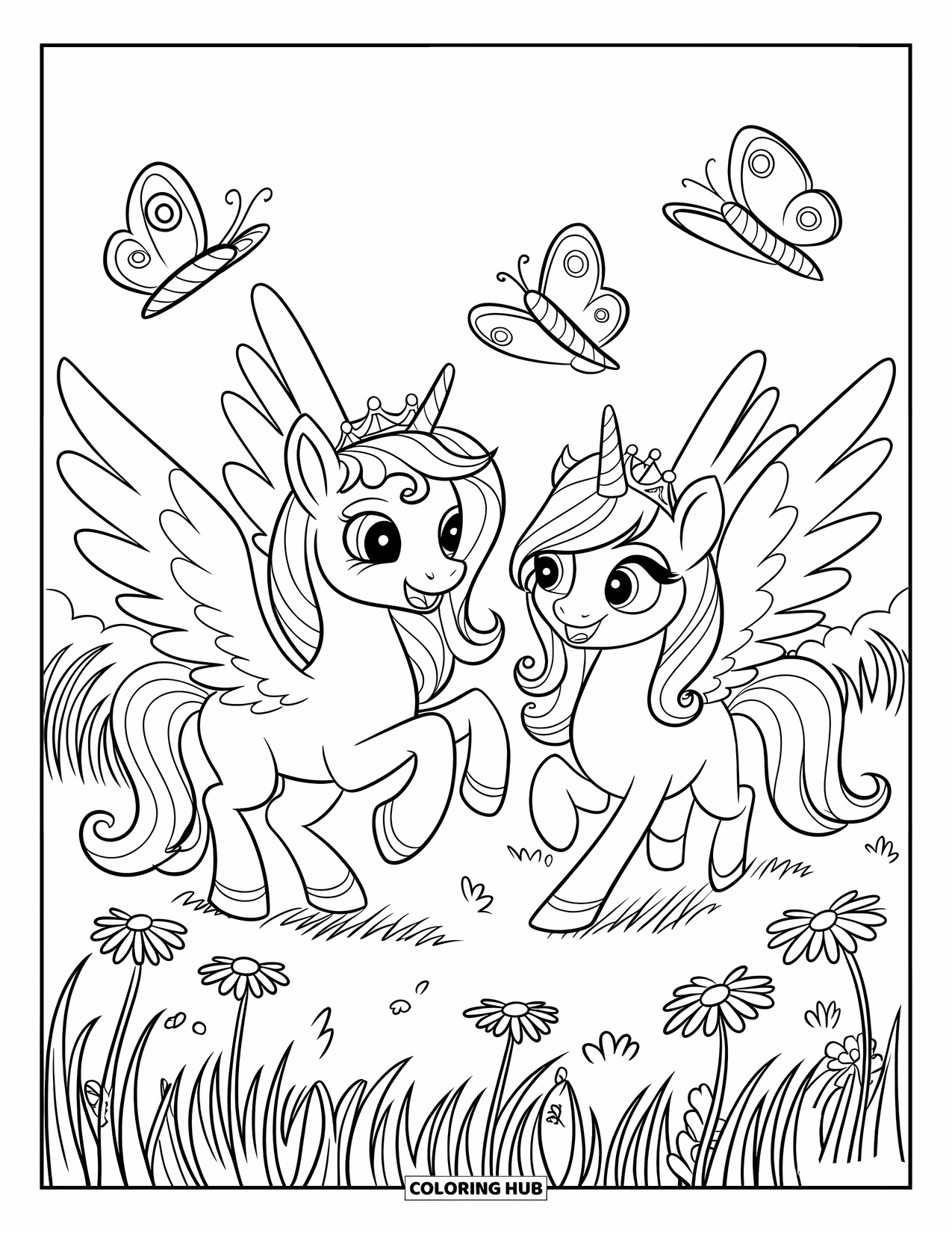 Desen de colorat cu alicorn pentru copii: Alicorni jucăuși cu coroane urmăresc fluturi prin iarba înaltă