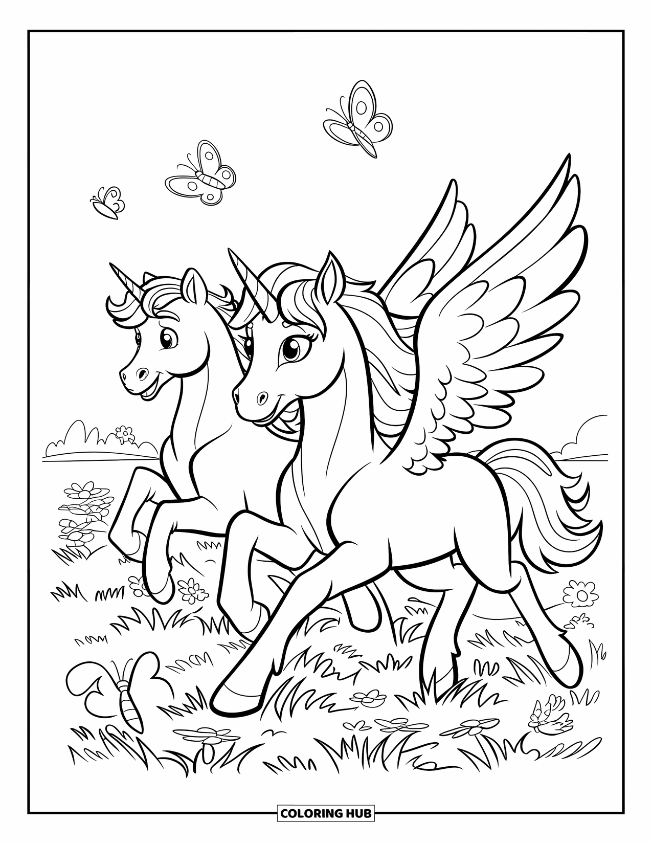 Desen de colorat cu alicorn pentru copii: Doi alicorni înaripați galopează printr-un câmp de flori urmărind fluturi