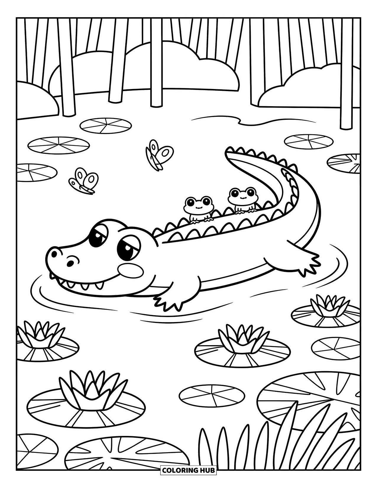 Alligator Coloring Page for Adults: A calm alligator floats with frogs on its belly in a peaceful lily-filled pond
