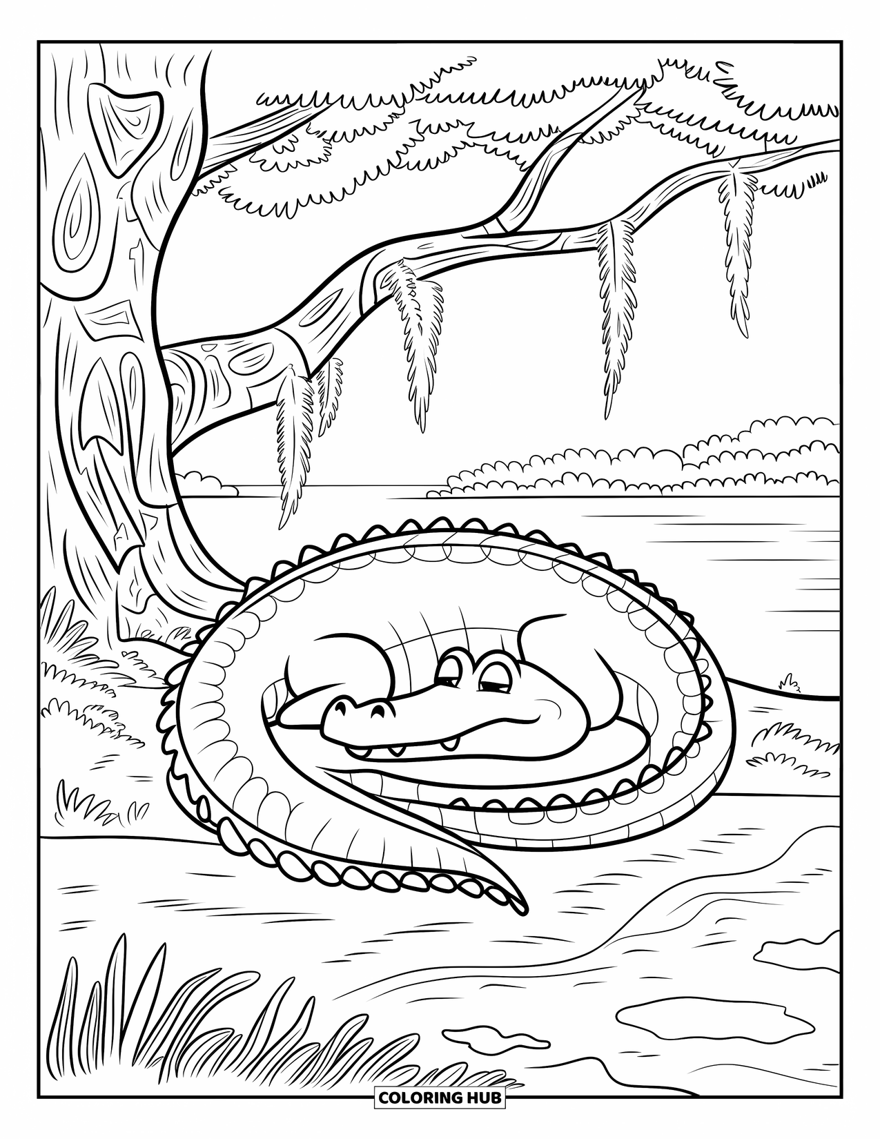 Alligator Coloring Page for Adults: A curled-up alligator naps under a mossy tree by a quiet lake