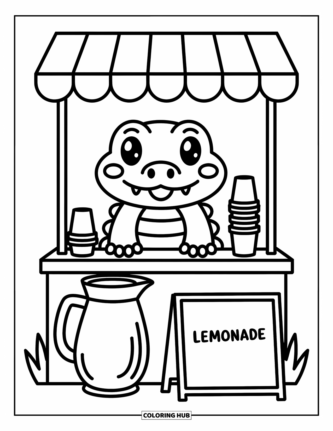 Alligator Coloring Page for Adults: A cute alligator greets from a lemonade stand with flowers and stacked cups