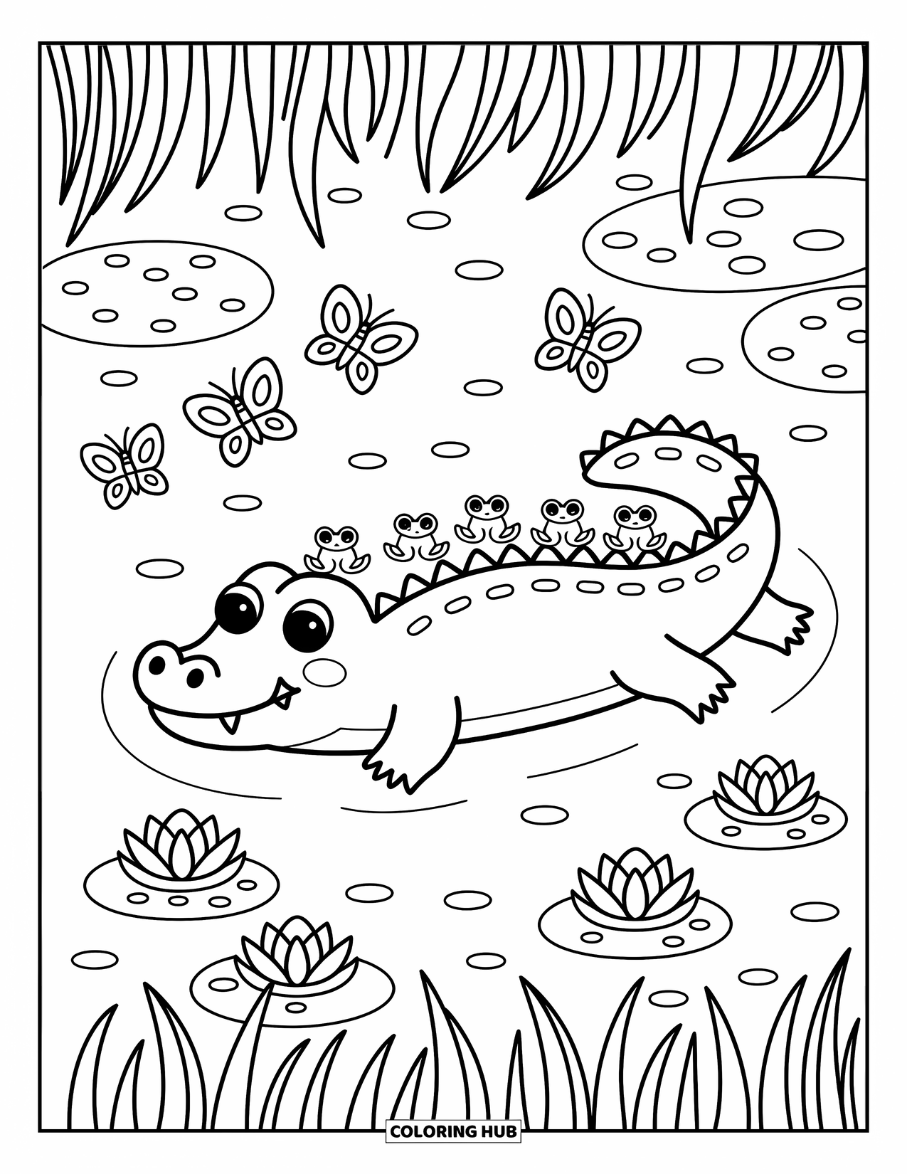 Alligator Coloring Page for Adults: A floating alligator relaxes as frogs and butterflies surround it on lily pads