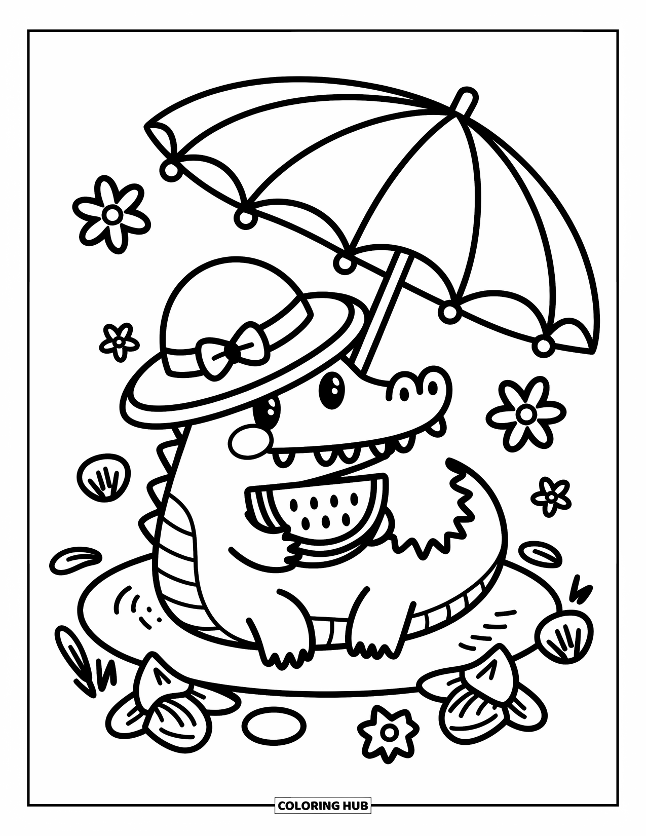 Alligator Coloring Page for Adults: A happy alligator in a sun hat enjoys watermelon beside tiny tropical flowers