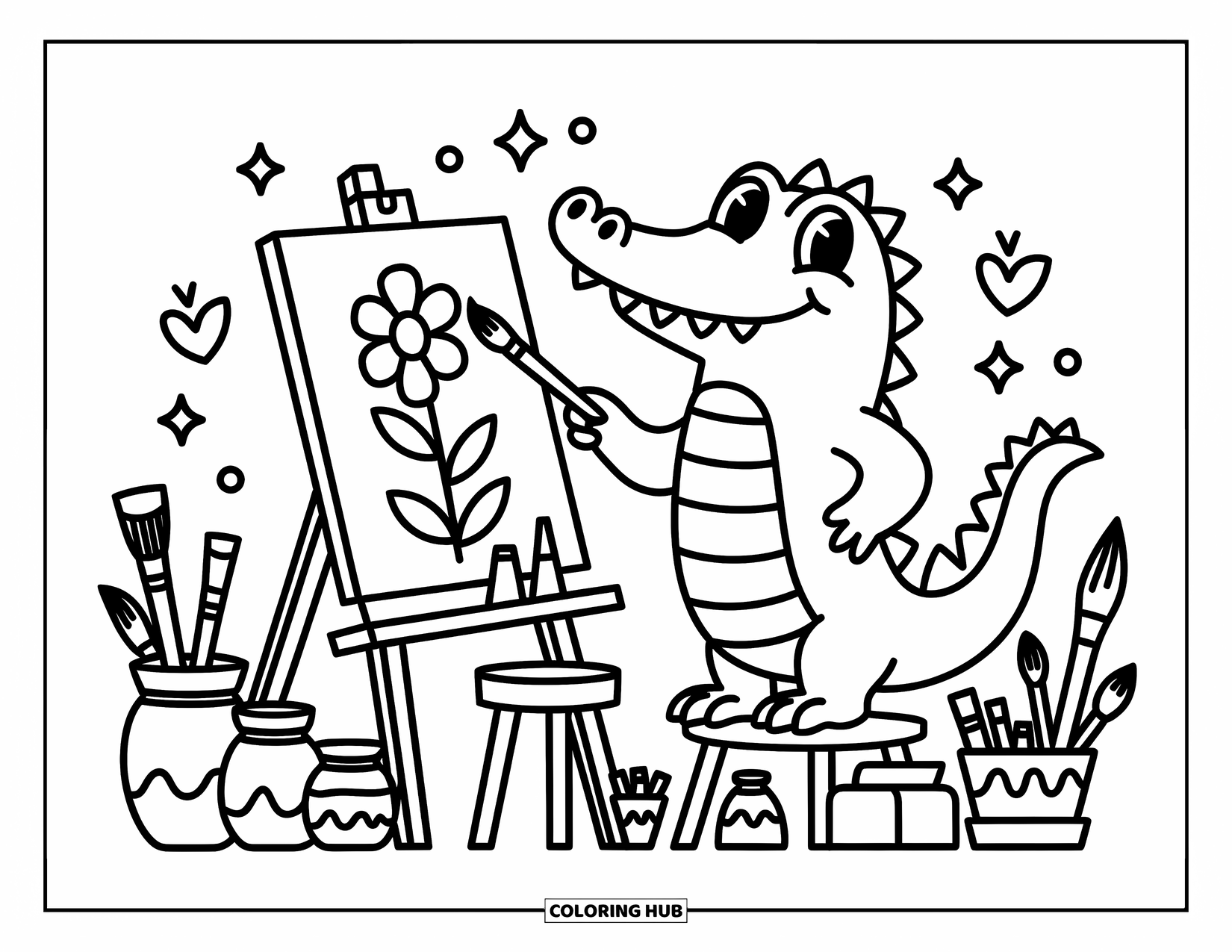 Alligator Coloring Page for Adults: A happy alligator paints in a cute studio filled with brushes and flowers