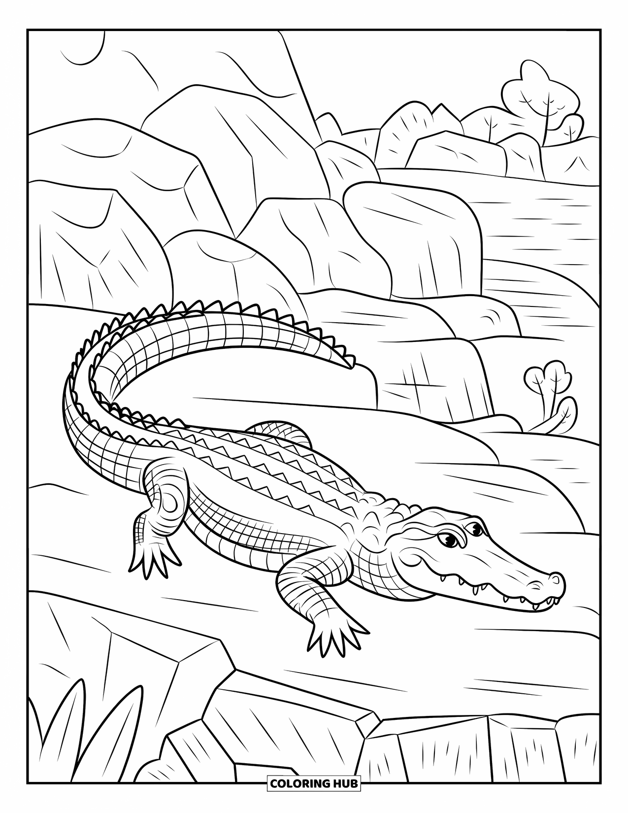 Alligator Coloring Page for Adults: A patterned alligator rests on rocks surrounded by trees and boulders