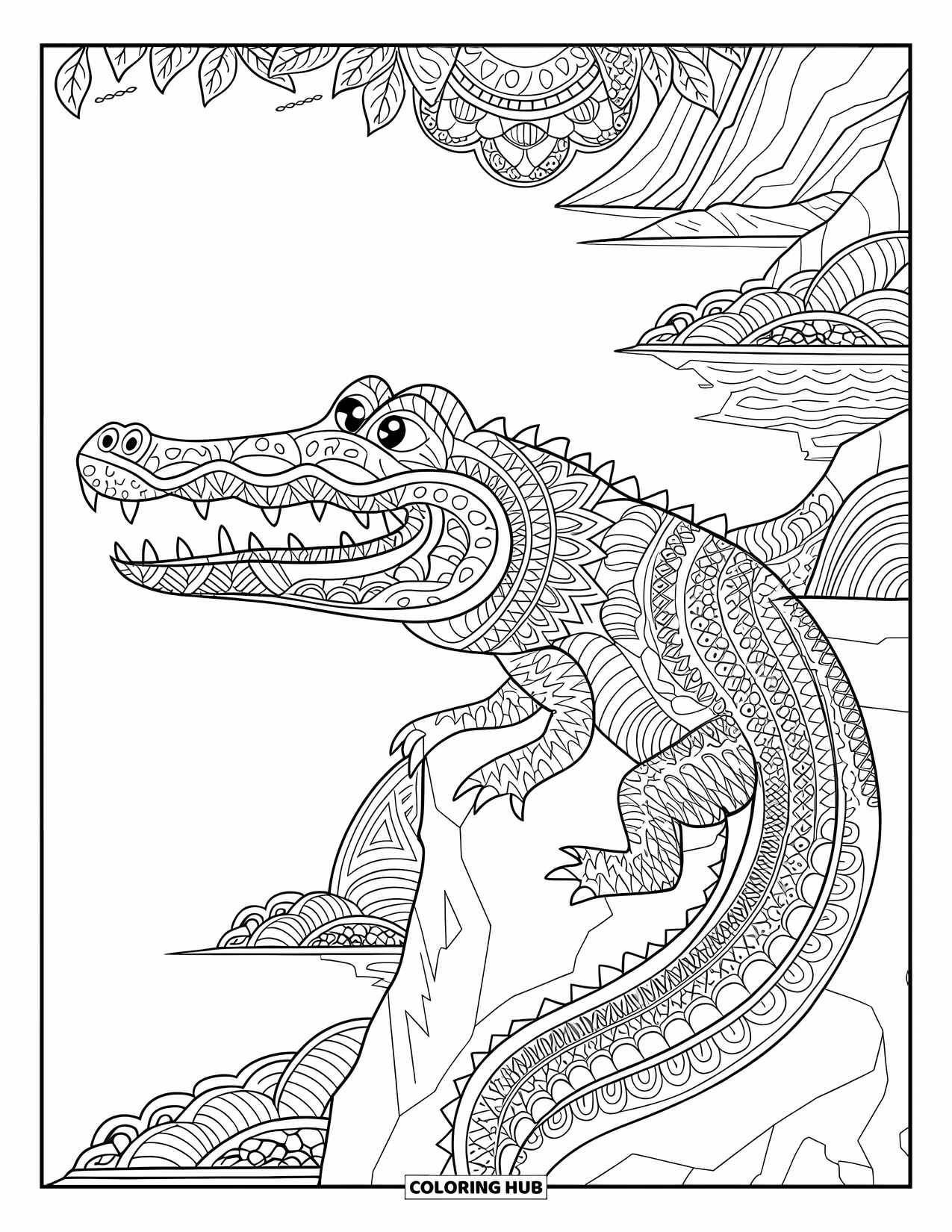 Alligator Coloring Page for Adults: A patterned alligator with mandala scales rests on a rock by a peaceful lake