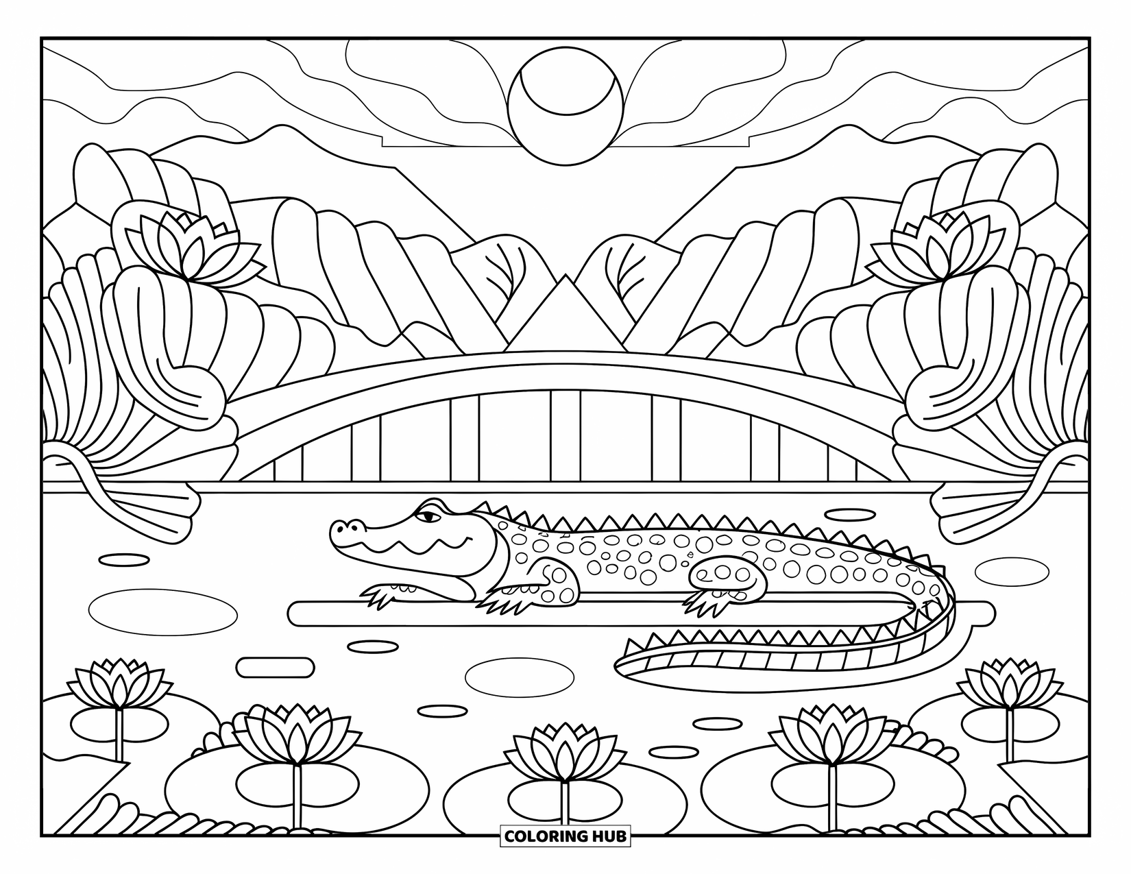 Alligator Coloring Page for Adults: A peaceful alligator rests by a pond with lotus flowers and mountain views