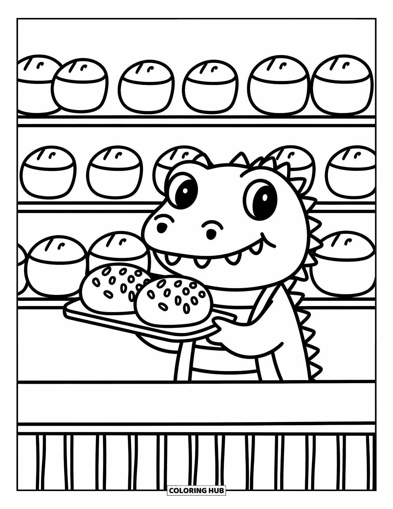 Alligator Coloring Page for Adults: A playful alligator serves sprinkled bread from a cute bakery counter
